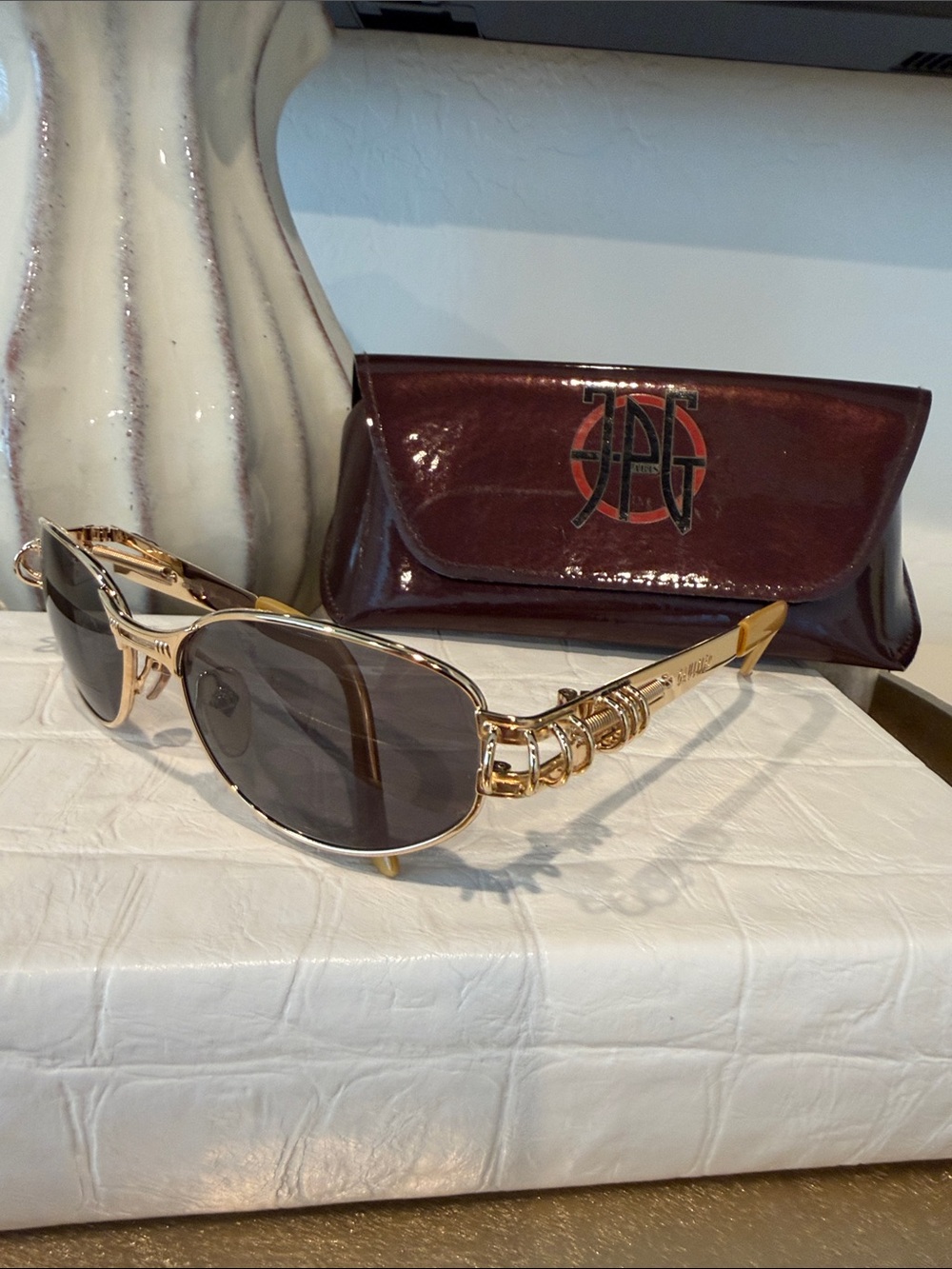 Vintage Jean Paul Gaultier 56-6105 Gold Steampunk Sunglasses Spring Frame